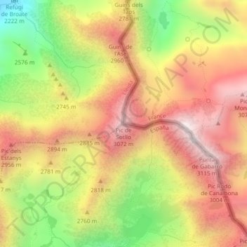 Mapa topográfico Pic de Sotllo, altitude, relevo