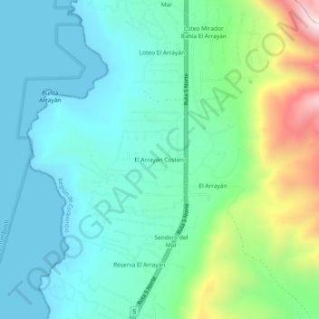 Mapa topográfico El Arrayán Costero, altitude, relevo