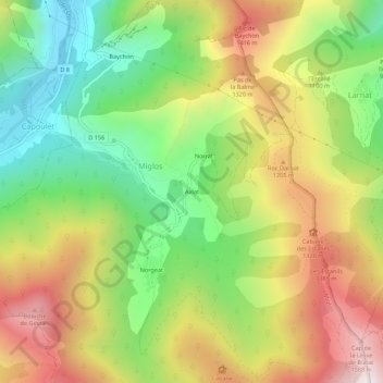 Mapa topográfico Axiat, altitude, relevo