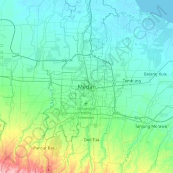 Mapa topográfico Medan, altitude, relevo