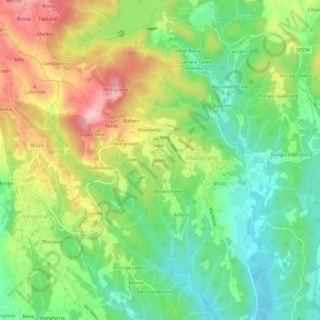 Mapa topográfico Baldo, altitude, relevo