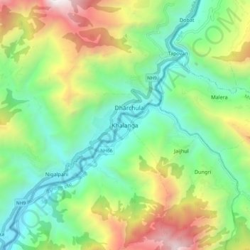 Mapa topográfico Khalanga, altitude, relevo