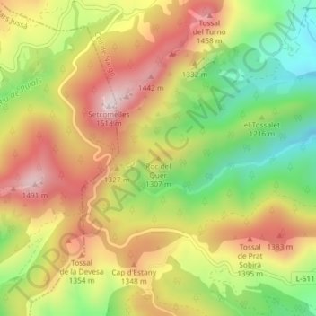 Mapa topográfico Roc del Quer, altitude, relevo