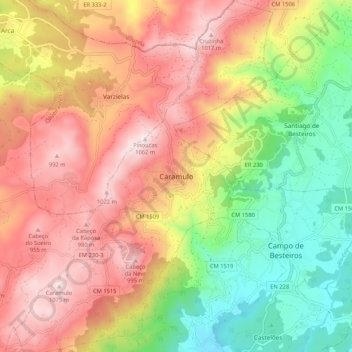 Mapa topográfico Caramulo, altitude, relevo