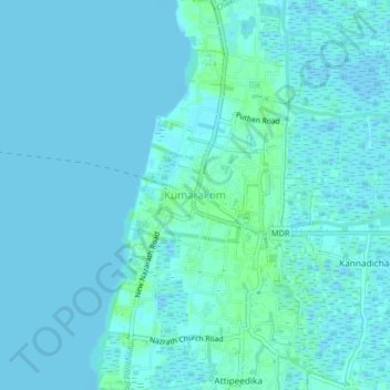 Mapa topográfico Kumarakom, altitude, relevo