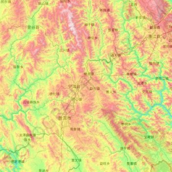 Mapa topográfico 宁洱哈尼族彝族自治县, altitude, relevo
