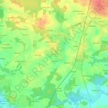 Mapa topográfico Kerobel, altitude, relevo