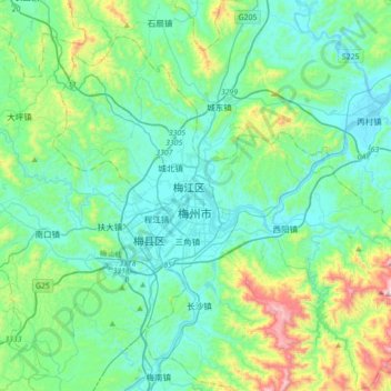 Mapa topográfico Meizhou, altitude, relevo