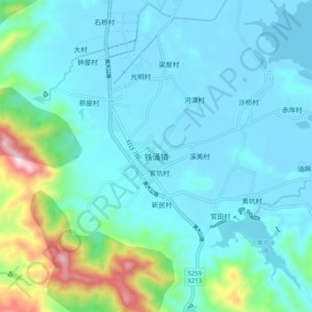 Mapa topográfico 铁涌镇, altitude, relevo