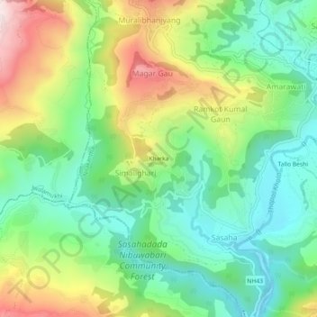 Mapa topográfico Kharka, altitude, relevo
