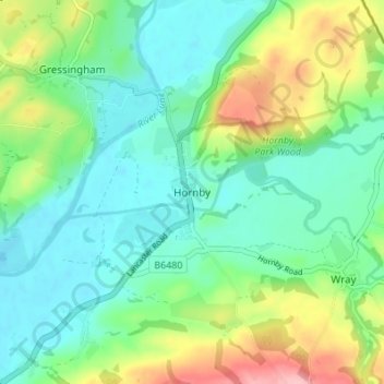 Mapa topográfico Hornby, altitude, relevo