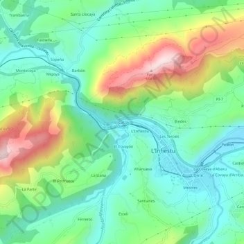 Mapa topográfico El Calzáu, altitude, relevo