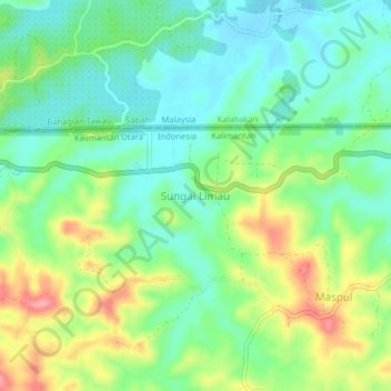 Mapa topográfico Sungai Limau, altitude, relevo