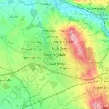 Mapa topográfico Skelmersdale, altitude, relevo