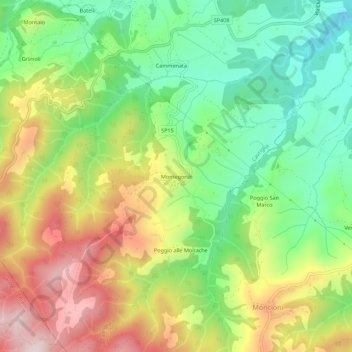 Mapa topográfico Montegonzi, altitude, relevo