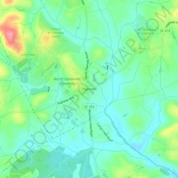 Mapa topográfico Tigerville, altitude, relevo
