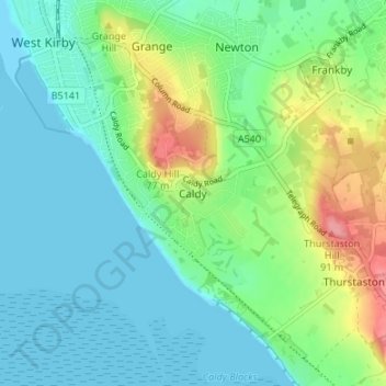 Mapa topográfico Caldy, altitude, relevo