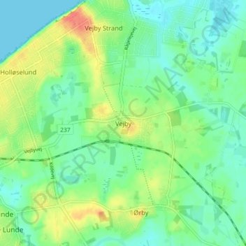 Mapa topográfico Vejby, altitude, relevo