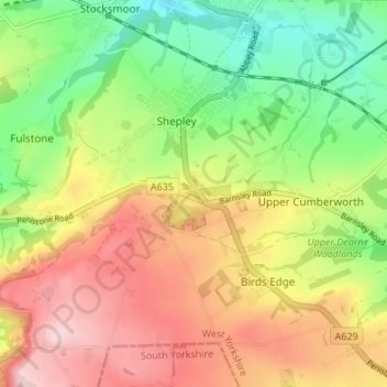 Mapa topográfico Shepley Lane Head, altitude, relevo