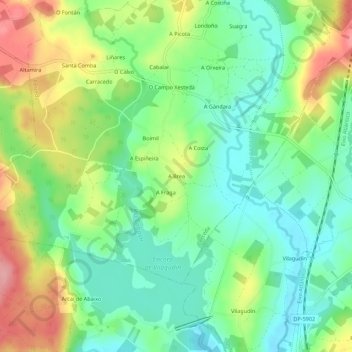 Mapa topográfico A Brea, altitude, relevo
