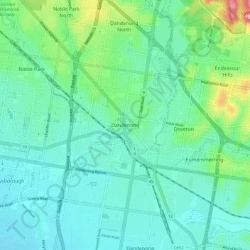 Mapa topográfico Dandenong, altitude, relevo