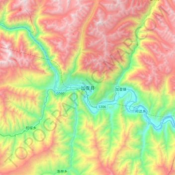 Mapa topográfico 加查县, altitude, relevo