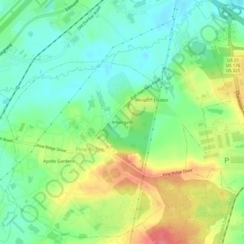 Mapa topográfico Arborgate, altitude, relevo