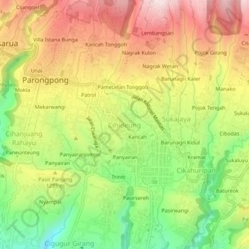 Mapa topográfico Cihideung, altitude, relevo