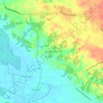 Mapa topográfico Bonne-Terre, altitude, relevo