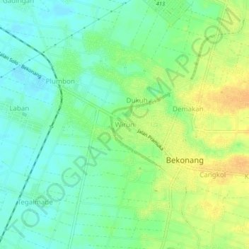 Mapa topográfico Wirun, altitude, relevo