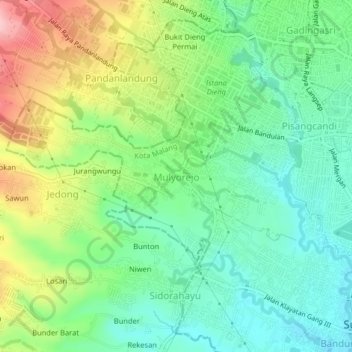 Mapa topográfico Mulyorejo, altitude, relevo