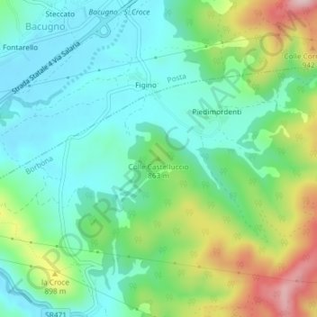 Mapa topográfico Colle Castelluccio, altitude, relevo