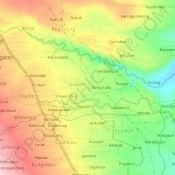 Mapa topográfico Sruwen Tiga, altitude, relevo