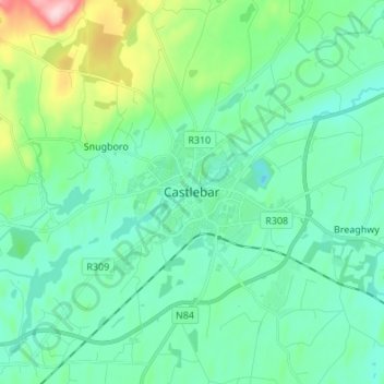 Mapa topográfico Castlebar, altitude, relevo