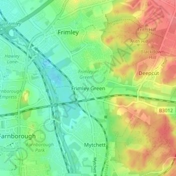 Mapa topográfico Frimley Green, altitude, relevo