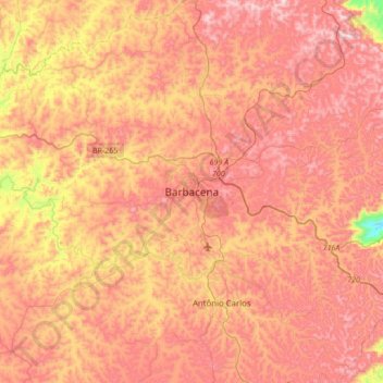Mapa topográfico Barbacena, altitude, relevo