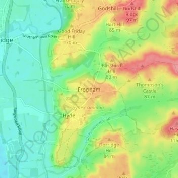Mapa topográfico Frogham, altitude, relevo