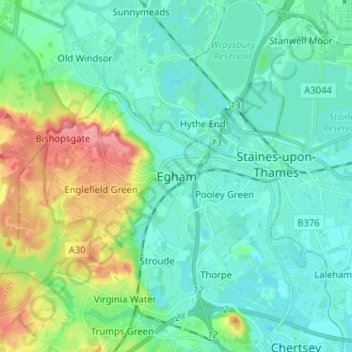 Mapa topográfico Egham, altitude, relevo