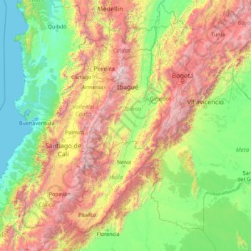 Mapa topográfico Tolima, altitude, relevo