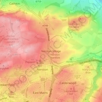 Mapa topográfico Nerston Village, altitude, relevo