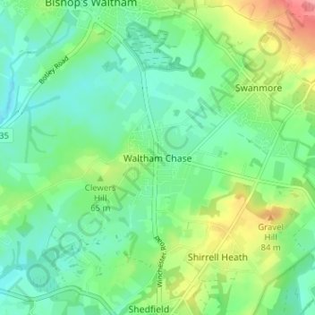 Mapa topográfico Waltham Chase, altitude, relevo