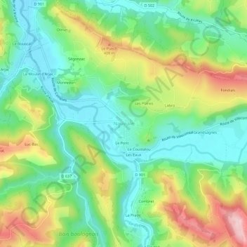 Mapa topográfico Nauviale, altitude, relevo