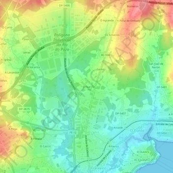 Mapa topográfico O Feal, altitude, relevo