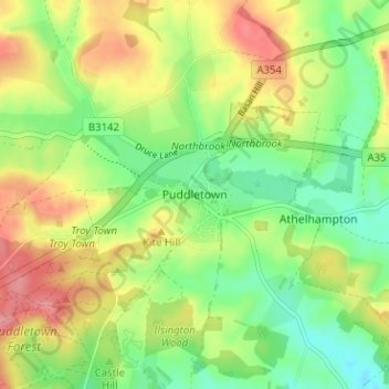 Mapa topográfico Puddletown, altitude, relevo