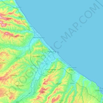 Mapa topográfico Pescara, altitude, relevo