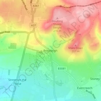 Mapa topográfico Prestleigh, altitude, relevo