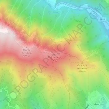 Mapa topográfico Montenero, altitude, relevo