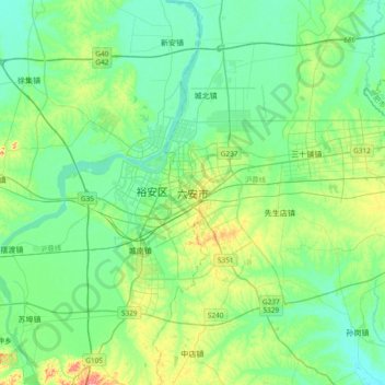Mapa topográfico Lu'an, altitude, relevo