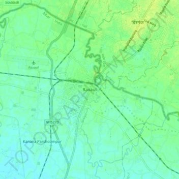 Mapa topográfico Raxaul, altitude, relevo