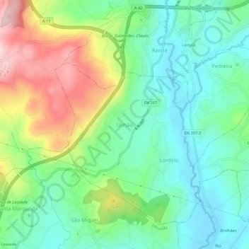 Mapa topográfico Unhão, altitude, relevo